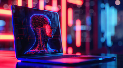 Poster - laptop displaying glowing digital brain illustration, symbolizing technology and neuroscience. vibrant neon colors create futuristic atmosphere