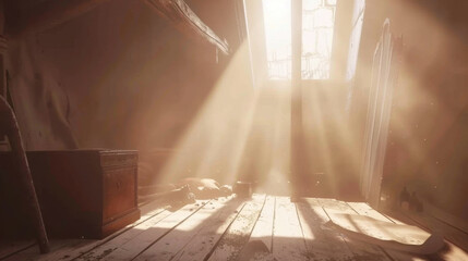 Wall Mural - sunlit room with beams of light streaming through window, illuminating dust particles and scattered objects on floor, creating serene atmosphere