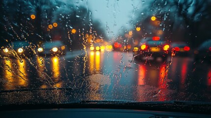 Aufkleber - Bathed in the gentle glow of street lamps, the city comes alive during a rainy night. Raindrops create a mesmerizing blur, distorting the vibrant lights of moving cars on the wet road