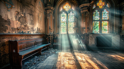 Wall Mural - Abandoned church interior with sunlight streaming through stained glass windows, creating serene atmosphere. Dust particles float in light, enhancing tranquil mood