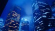 © Matthew - Nighttime cityscape showcasing illuminated skyscrapers under a misty blue sky with clouds