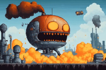 Poster - A pixel art scene of a character with a fiery aura, surrounded by animated flames and an exaggerated angry face, set in a retro game environment