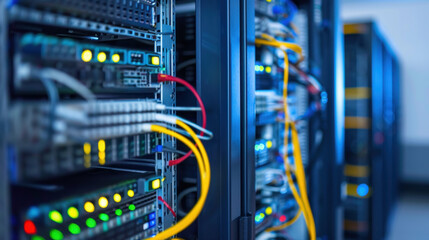 Poster - Data center with server racks and network cables, showcasing technology and connectivity. vibrant lights indicate active connections, emphasizing importance of data management