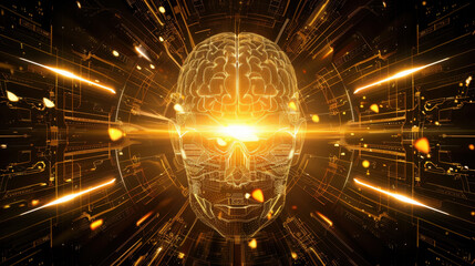 Poster - digital brain illustration with glowing effects and abstract background, symbolizing technology and 