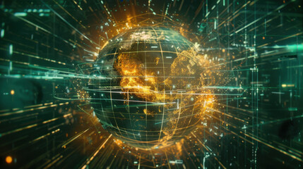 Poster - Digital globe with glowing lines and data streams, representing global connectivity and technology. vibrant visualization of Earth in futuristic style
