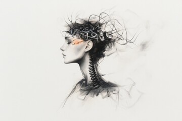 Poster - A simple drawing of a human silhouette with jagged lines and spirals emanating from their head, representing mental overload, on a plain white background