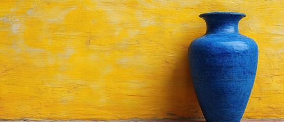 Poster - Blue ceramic vase against a textured yellow wall creating a vibrant and artistic still life