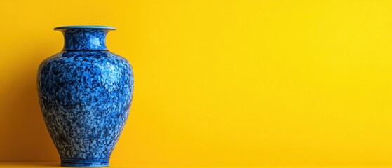 Poster - Blue ceramic vase with textured surface against a vibrant yellow background creating a bold contrast