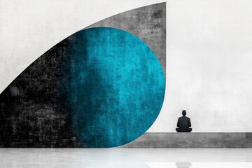 A simplified 2D depiction of a single figure sitting in the shadow of a large, looming shape symbolizing fear or sadness, with muted grays and blues contrasting against the white background