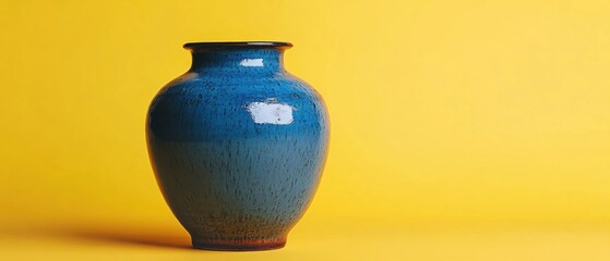 Poster - Ceramic vase with a blue glaze on a bright yellow background creating a bold and vibrant image