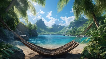 Wall Mural - Escape to paradise with this serene image of a peaceful tropical retreat on a sunny day, with hammocks swaying gently and the sound of gentle waves nearby Experience the ultimate relaxation in this