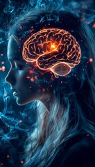Poster - Brain Power, Woman Profile with Illuminated Neural Network, Concept of Consciousness, Digital Art