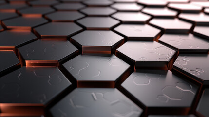 Poster - Sleek metallic hexagonal tiles create modern, industrial surface with reflective finish, showcasing intricate patterns and textures
