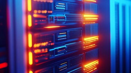 Poster - Close-up view of illuminated server racks showcasing vibrant lights in a data center environment