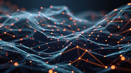 Poster - Abstract digital network with glowing nodes and interconnected lines, representing data flow and technology. vibrant colors create dynamic visual effect