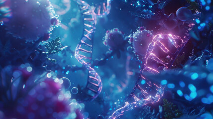 Poster - vibrant and colorful digital representation of dna strands surrounded by abstract flora, creating me