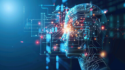 Poster - digital representation of human head with circuit patterns, symbolizing artificial intelligence and technology. glowing circuits create futuristic atmosphere