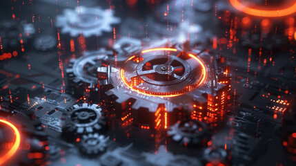 Poster - Futuristic gears with glowing elements and digital data streams create captivating technological scene. intricate design showcases innovation and advanced machinery