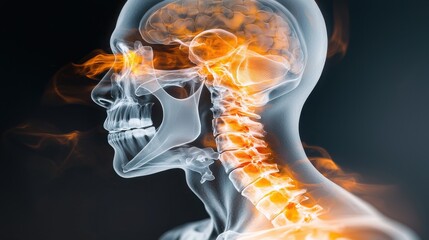 Poster - fiery x ray scan of glowing transparent skull and spine anatomy