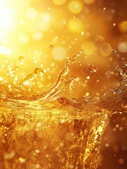 Poster - Golden liquid splash with bright bokeh background creating a dynamic and energetic effect