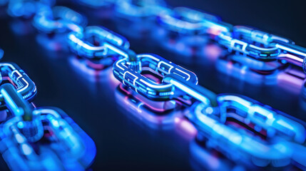 Poster - Futuristic blue glowing chain links with reflections on dark surface, symbolizing connectivity and technology