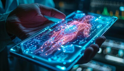 Poster - Doctor with Futuristic Diagnostic Device Displaying Human Anatomy Graphics