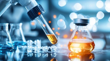 Poster - Closeup of laboratory glassware with colorful liquid during a scientific experiment