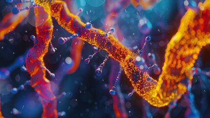 Poster - vibrant abstract representation of molecular structures with colorful strands and droplets, showcasi