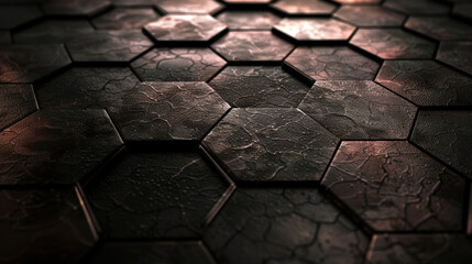 Poster - Textured hexagonal tiles create striking visual pattern with dark, metallic finish, evoking sense of depth and intrigue