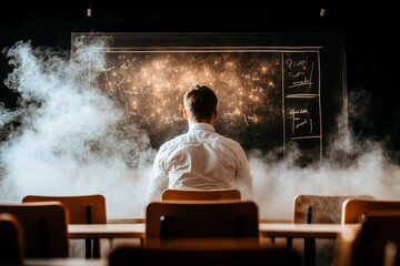 Poster - A student sitting alone in an empty classroom, staring at the chalkboard with an unfocused gaze, surrounded by faintly dusty light