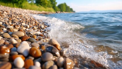 Wall Mural - Experience the tranquility of a coastal scenery with warm breezes caressing the ocean waves, serene and picturesque, captured in this stunning photograph The gentle water meets the rocky shore