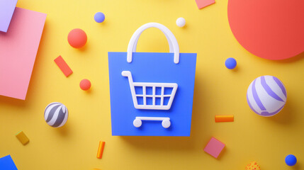 Aufkleber - Shopping bag icon on colorful background with geometric shapes and patterns