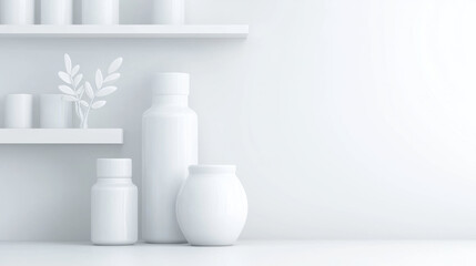 Leinwandbilder - Minimalist display of white ceramic vases and decorative elements on shelves