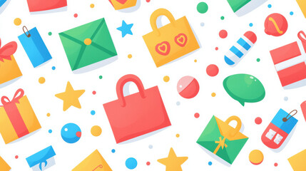 Aufkleber - Colorful pattern featuring shopping bags, gifts, and playful shapes, perfect for festive designs