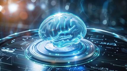 Poster - glowing digital brain on futuristic interface, symbolizing technology and intelligence. image conveys innovation and advanced thinking