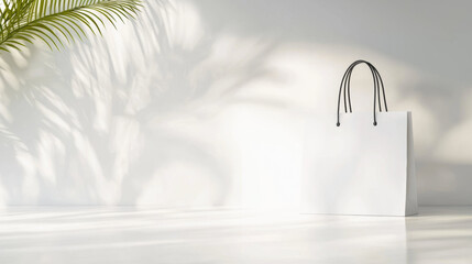 Fototapete - minimalist white shopping bag on light surface with soft shadows and palm leaf