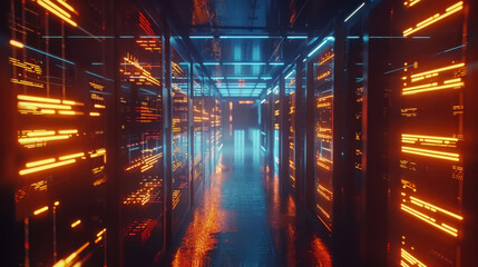 Poster - futuristic data center corridor illuminated by vibrant blue and orange lights, showcasing rows of servers and sleek, reflective floor
