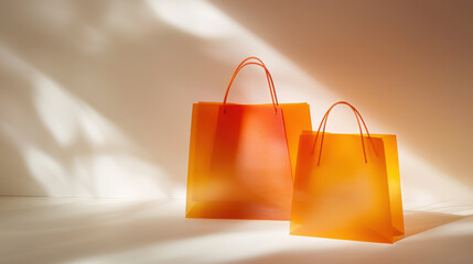 Aufkleber - Bright orange shopping bags with handles, casting soft shadows on light background
