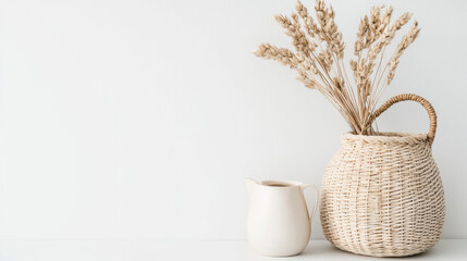 Poster - Natural decor with dried flowers in woven basket and ceramic jug