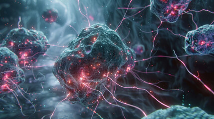 Poster - close up view of microscopic cells with glowing filaments, showcasing intricate details and vibrant 