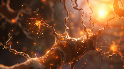 Poster - close up view of neuron with glowing synapses and intricate dendrites, showcasing beauty of neural c