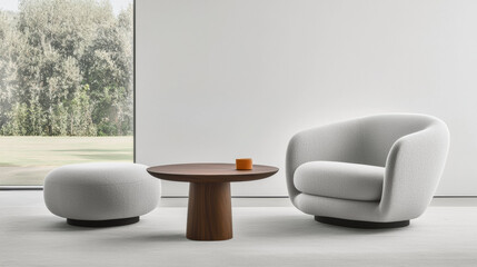 Aufkleber - Cozy seating arrangement featuring round table and soft armchair. Ideal for modern living spaces