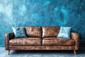 Poster - Brown leather sofa with blue pillows against a textured blue wall in a modern setting