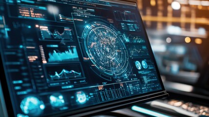 Poster - Futuristic digital interface with advanced analytics dashboard and radar display for high tech surveillance and intelligence systems