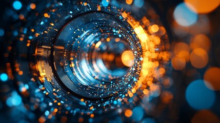 Poster - Intricate details emerge from the closeup of a microscope lens, revealing a dance of blue and orange lights. The scene captures the beauty of science blending with artistry in a compelling manner