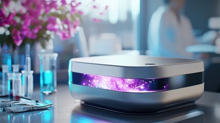 Poster - futuristic smart device with glowing lights and elegant design on minimalist office workspace