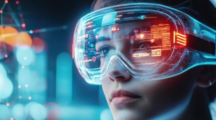 Poster - futuristic virtual reality goggles displaying innovative data analytics on digital interface