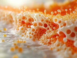 Poster - Abstract orange and white porous texture with small spheres and a soft light background