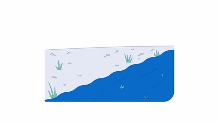 Poster - Cross-section of land with grass and water cartoon animation. Natural landscape ecosystem 4K video motion graphic. Scattered stones grassy shoreline animated 2D scene isolated on white background