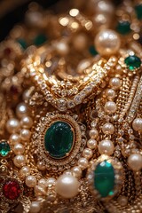 Poster - Intricate gold jewelry with pearls diamonds and emeralds creating a luxurious and opulent scene